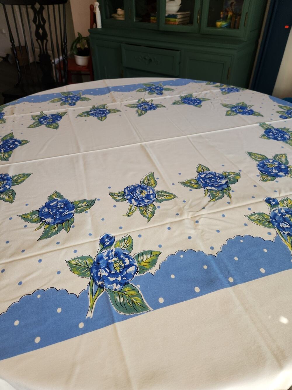 Vintage 1950s Tablecloth Blue Roses Polka Dot Scalloped Border 57x70 Floral